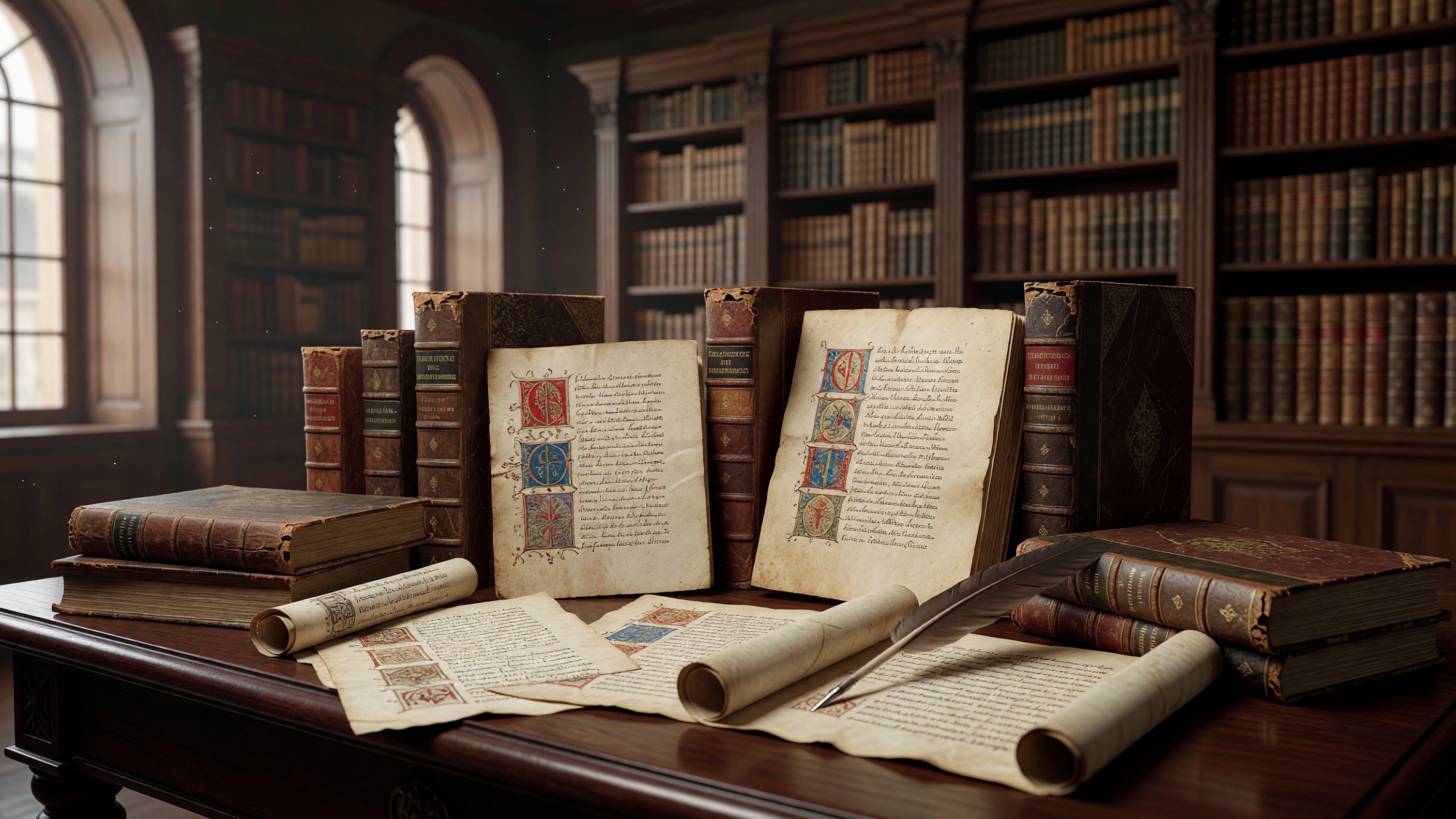 Libros antiguos y manuscritos en estanterías